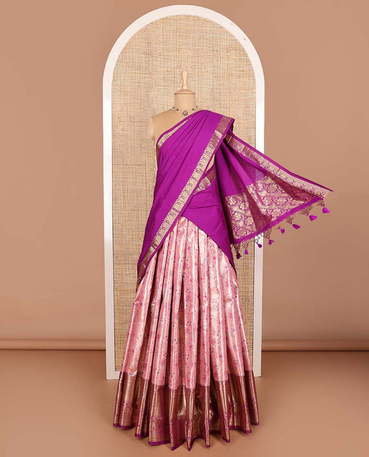 Pink art silk half saree material , floral jacquard with contrast traditional zari bordered skirt, jacquard blouse, and floral-paisley dhavani