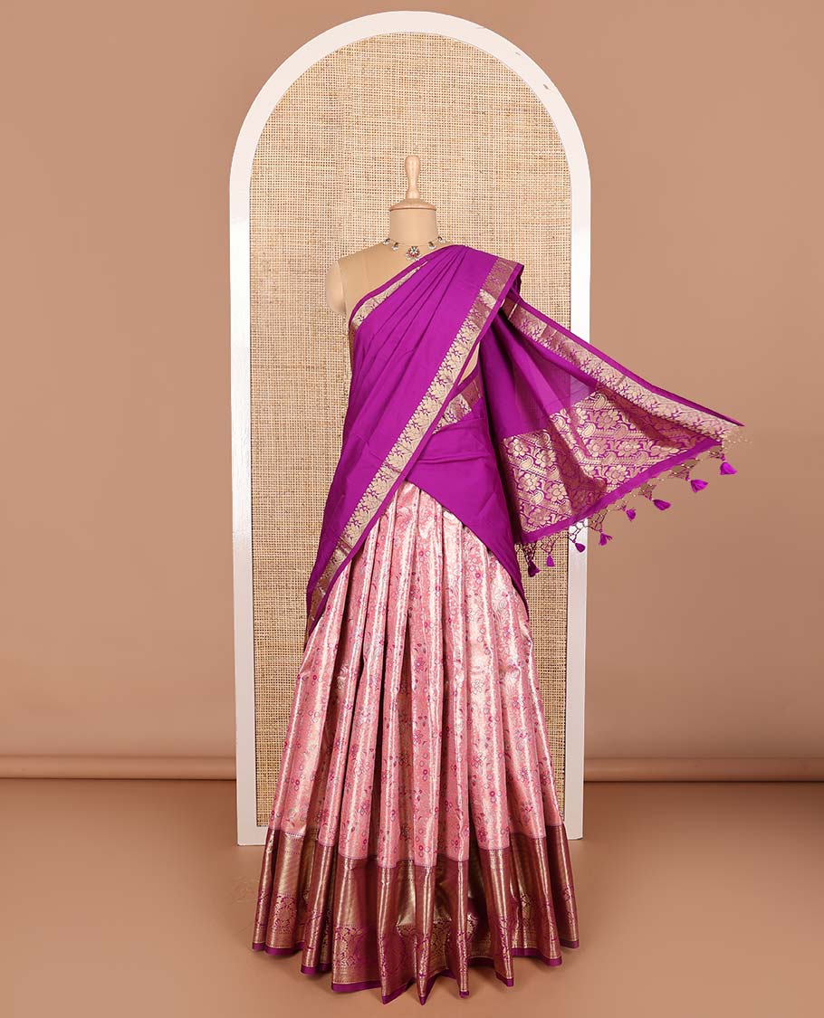 Pink art silk half saree material , floral jacquard with contrast traditional zari bordered skirt, jacquard blouse, and floral-paisley dhavani