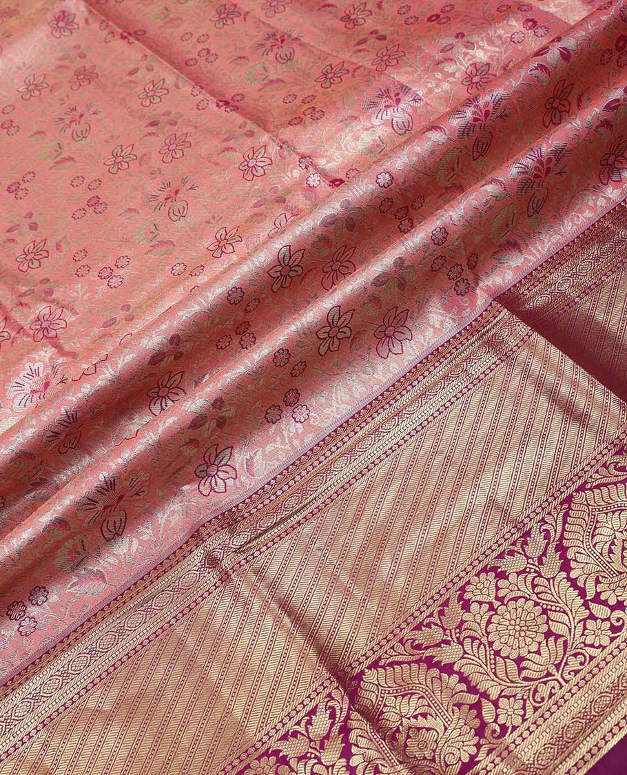 Pink art silk half saree material , floral jacquard with contrast traditional zari bordered skirt, jacquard blouse, and floral-paisley dhavani