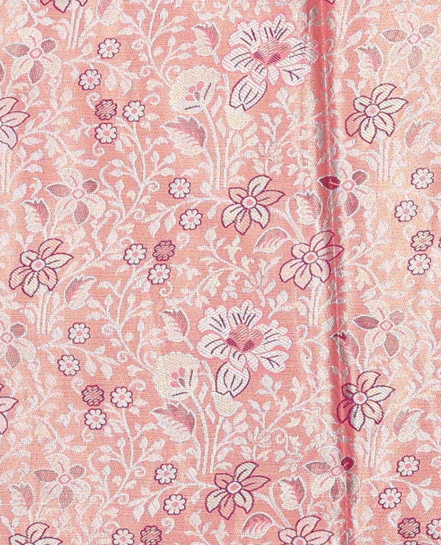 Pink art silk half saree material , floral jacquard with contrast traditional zari bordered skirt, jacquard blouse, and floral-paisley dhavani