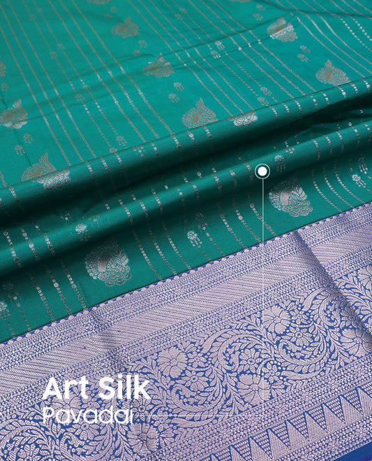 Green art silk pavadai set,  zari design and contrast traditional zari bordered skirt and a contrast zari border blouse