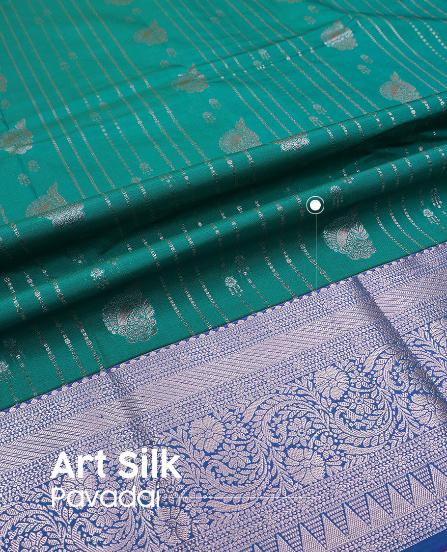 Green art silk pavadai set,  zari design and contrast traditional zari bordered skirt and a contrast zari border blouse