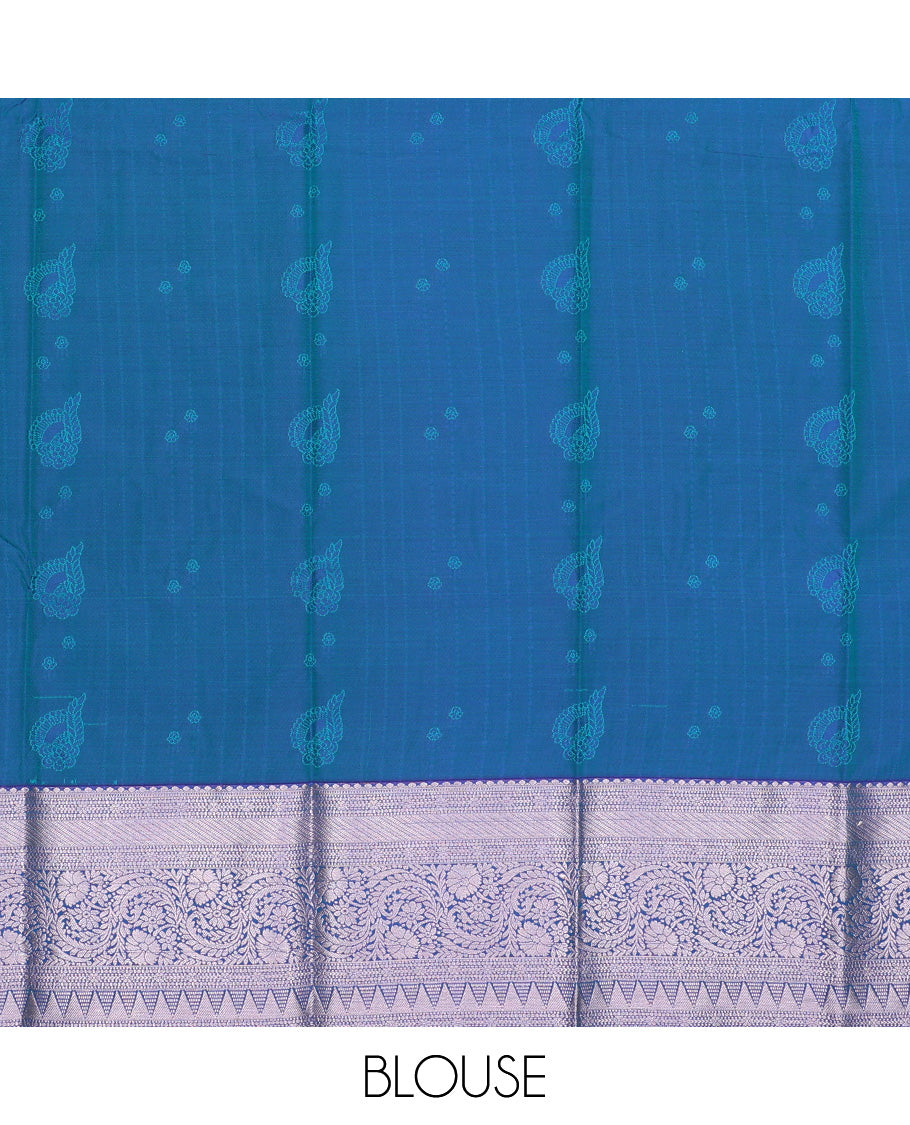 Green art silk pavadai set,  zari design and contrast traditional zari bordered skirt and a contrast zari border blouse