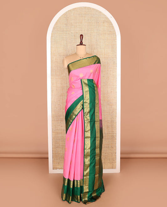 Pink zari buttas budget silk saree, contrast traditional zari design rettai pettu border, and intricate pallu