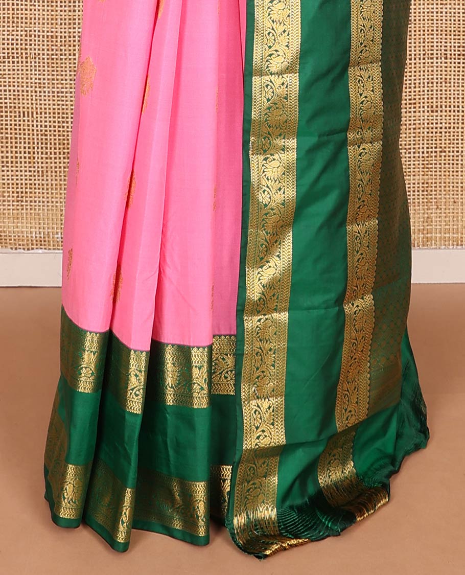 Pink zari buttas budget silk saree, contrast traditional zari design rettai pettu border, and intricate pallu
