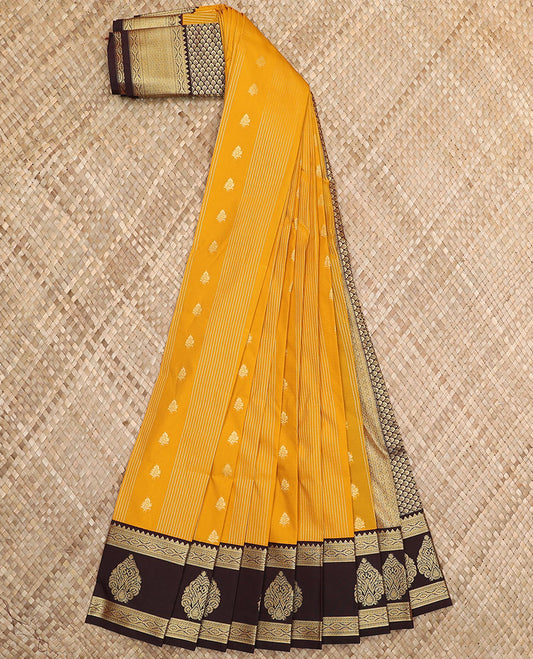 Yellow zari buttas, and striped budget silk saree, contrast traditional zari border, and jaal pallu