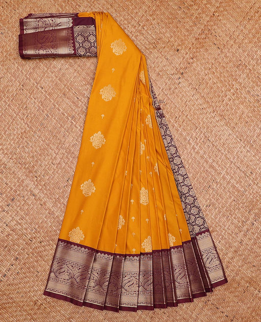 Orange zari buttas gift saree, contrast traditional zari design border, and ogee patterned pallu