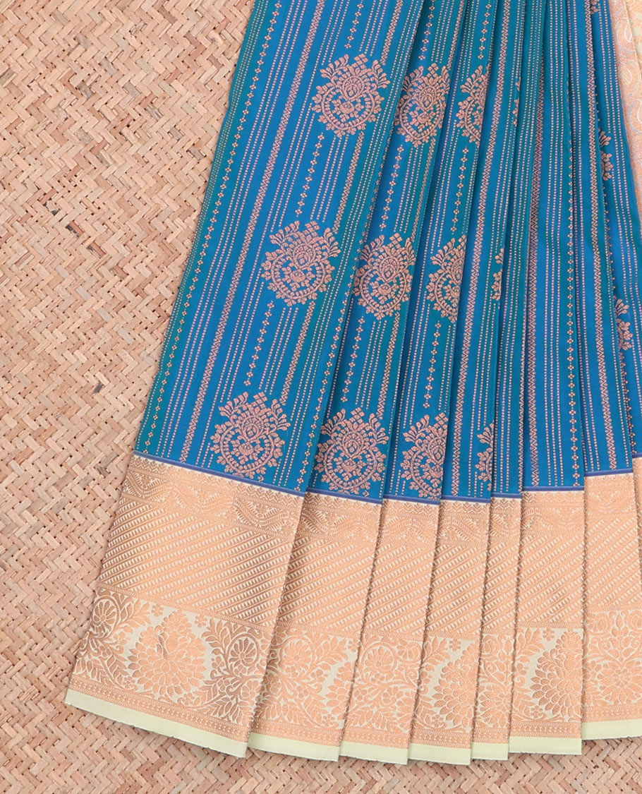 Blue Budget Silk Saree Features Zari Designs, Complemented by a Contrast Traditional Zari Border, an Intricately Zari-Designed Pallu, and a Contrast Zari-Bordered Blouse