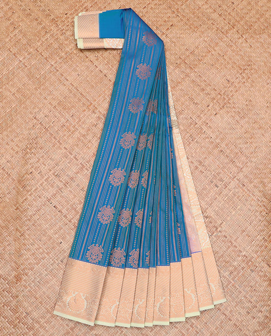 Blue Budget Silk Saree Features Zari Designs, Complemented by a Contrast Traditional Zari Border, an Intricately Zari-Designed Pallu, and a Contrast Zari-Bordered Blouse
