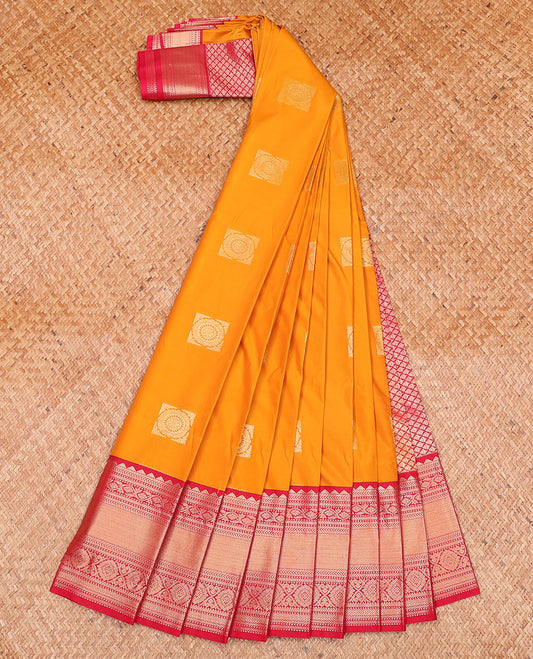 Orange Budget Silk Saree, Prettified with Zari Buttas on Its Body, Complemented by a Contrast Traditional Zari Design Border, Grand Jaal Pallu, and Paired with a Contrast Blouse
