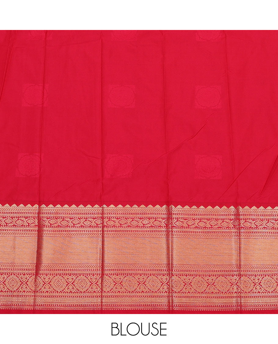 Orange Budget Silk Saree, Prettified with Zari Buttas on Its Body, Complemented by a Contrast Traditional Zari Design Border, Grand Jaal Pallu, and Paired with a Contrast Blouse