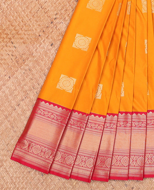 Orange Budget Silk Saree, Prettified with Zari Buttas on Its Body, Complemented by a Contrast Traditional Zari Design Border, Grand Jaal Pallu, and Paired with a Contrast Blouse