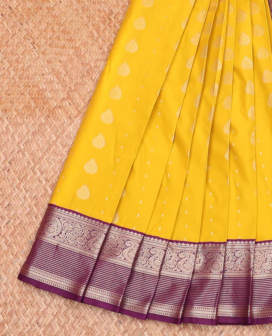 Yellow Budget Silk Saree, Featuring Zari Buttas All Over Its Body, Complemented by a Contrast Traditional Zari Design Border, Intricately Designed Pallu, and Paired with a Contrast Blouse