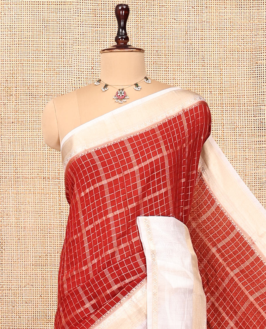 Red Assam Silk Saree, Embellished with Zari Checks, Complemented by a Contrast Traditional Border, Zari Striped Pallu, and a Contrast Blouse