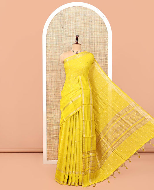 Yellow Assam Silk Saree, Subtly Sparkled with Buttas and Stripes, Traditional Zari Border, Zari-Design Pallu, and a Contrast Blouse