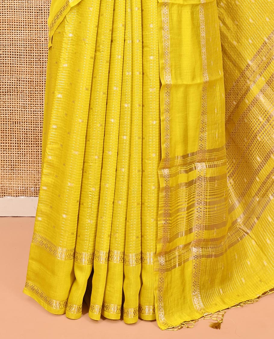 Yellow Assam Silk Saree, Subtly Sparkled with Buttas and Stripes, Traditional Zari Border, Zari-Design Pallu, and a Contrast Blouse