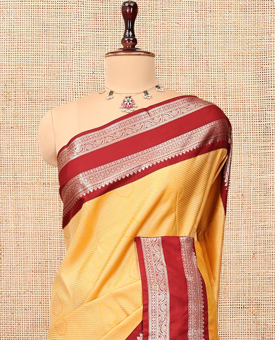 Yellow Budget Silk Saree, Subtly Sparkled with Stripes and Buttas, Contrast Traditional Rettai Pettu Border, Grand Pallu, and a Contrast Blouse