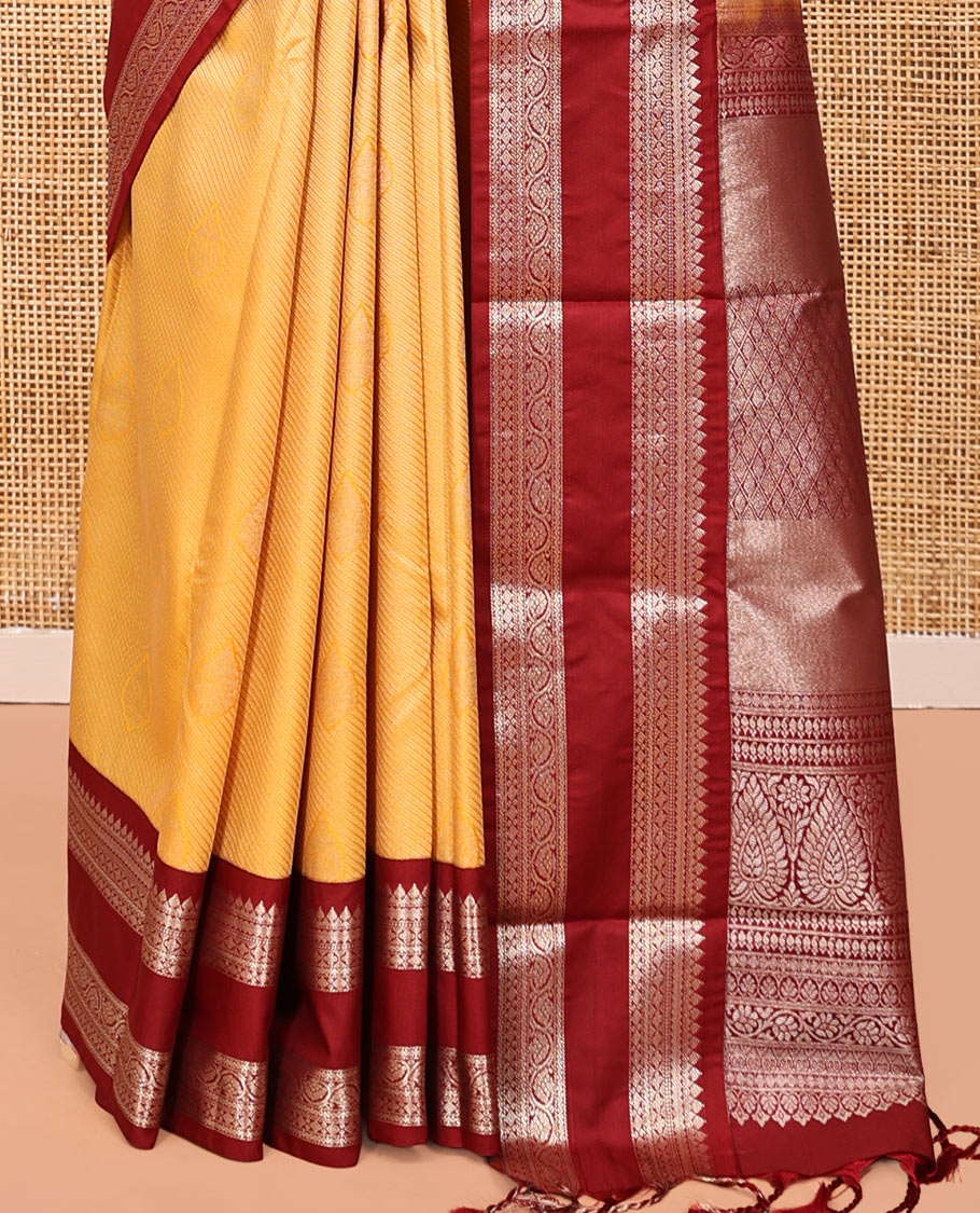 Yellow Budget Silk Saree, Subtly Sparkled with Stripes and Buttas, Contrast Traditional Rettai Pettu Border, Grand Pallu, and a Contrast Blouse