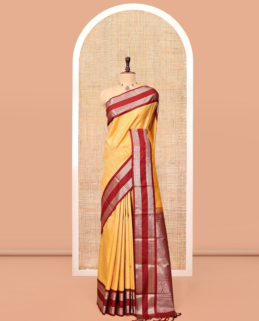 Yellow Budget Silk Saree, Subtly Sparkled with Stripes and Buttas, Contrast Traditional Rettai Pettu Border, Grand Pallu, and a Contrast Blouse