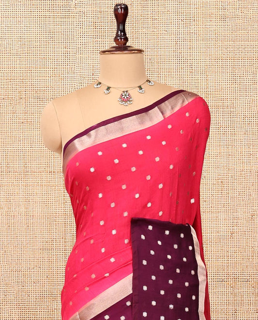 Pink Assam Silk Saree, Steeped with Zari Buttas, Complemented by a Contrast Zari Buttas Woven Border, Zari Design Pallu, and a Contrast Blouse