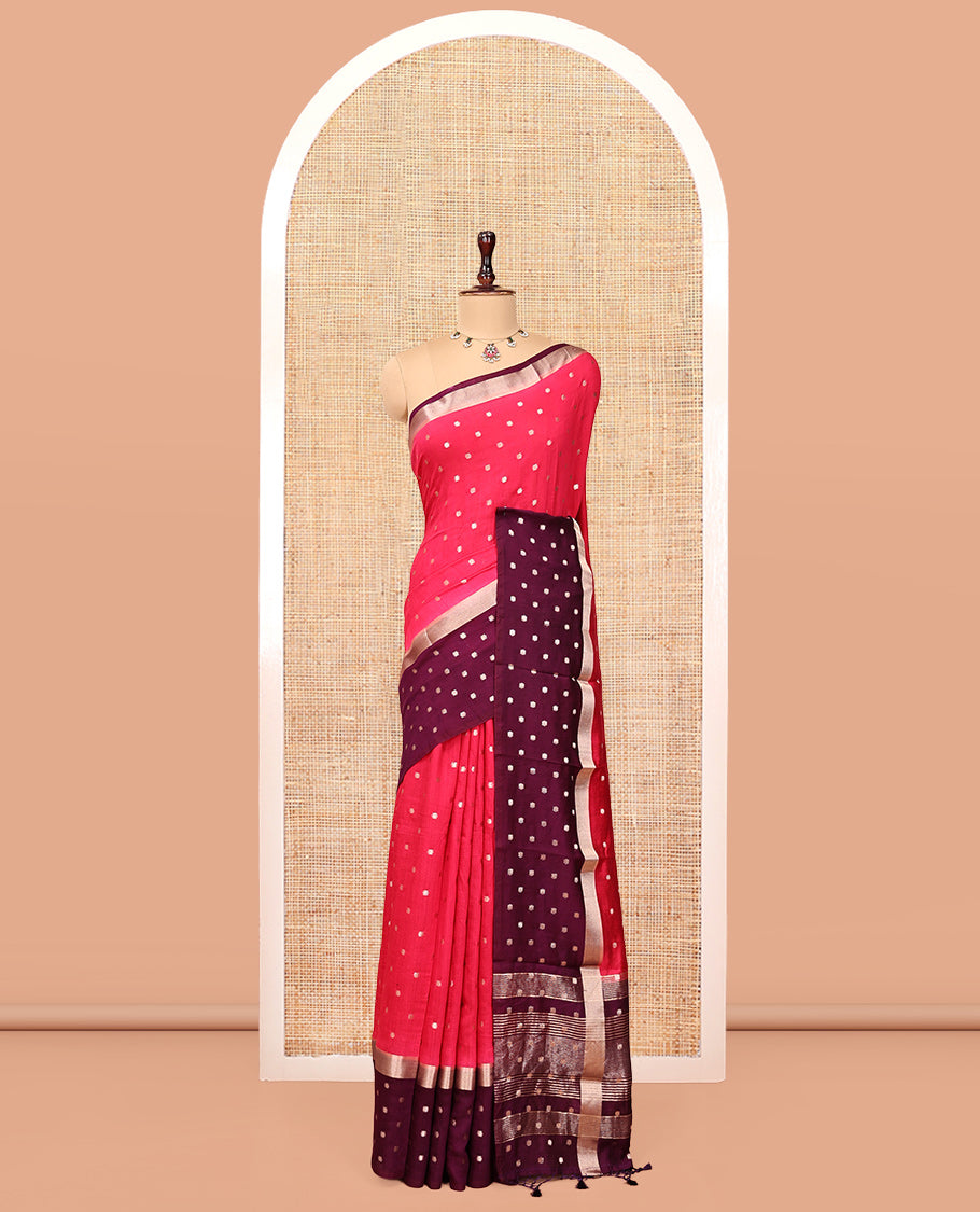 Pink Assam Silk Saree, Steeped with Zari Buttas, Complemented by a Contrast Zari Buttas Woven Border, Zari Design Pallu, and a Contrast Blouse