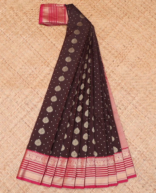 Brown Budget Silk Saree, Spotlighted with Zari Buttas, a Contrast Traditional Zari Border, Grand Pallu, and a Contrast Blouse
