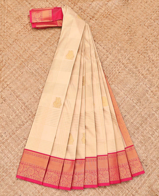 Sandal Budget Silk Saree, Sparsely Woven with Zari Butta Enclosed Checks, Complemented by a Contrast Traditional Border, Grand Jaal Pallu, and a Contrast Blouse