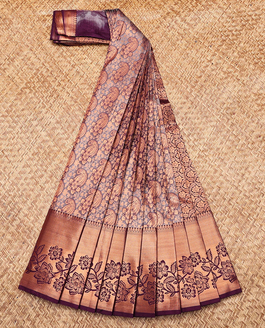 Grey Budget Silk Saree, Decorated with Paisley Jacquard, Complemented by Contrast Traditional Zari Border, Intricate Pallu, and a Contrast Blouse