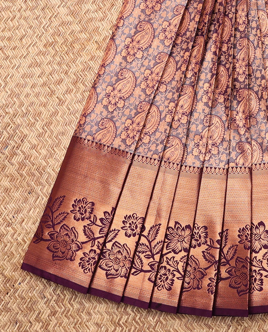Grey Budget Silk Saree, Decorated with Paisley Jacquard, Complemented by Contrast Traditional Zari Border, Intricate Pallu, and a Contrast Blouse