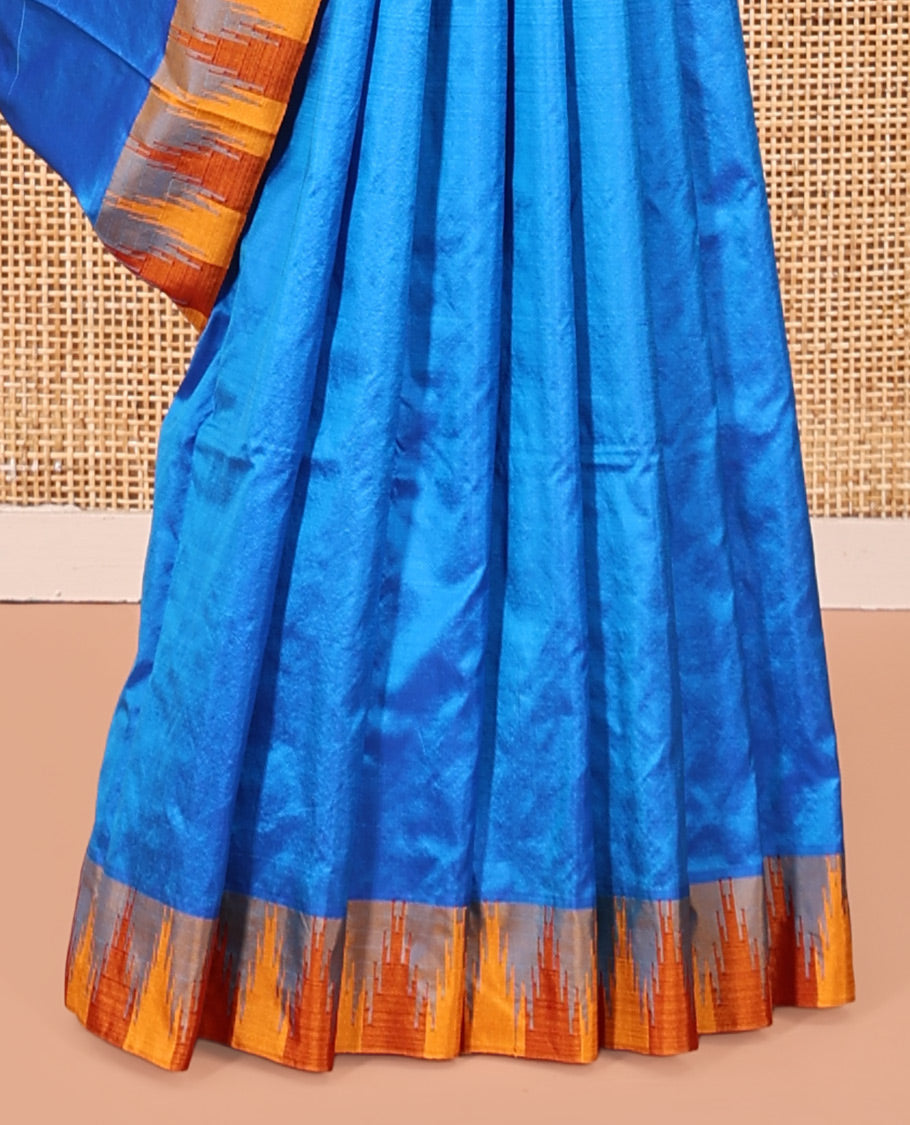 Blue Plain Bangalore Silk Saree, Complemented by a Contrast Temple Border, Pallu of Stripes, and a Contrast Blouse