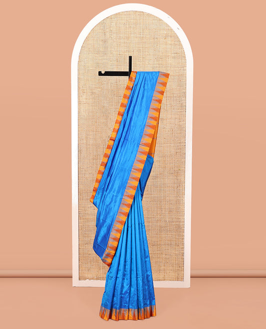 Blue Plain Bangalore Silk Saree, Complemented by a Contrast Temple Border, Pallu of Stripes, and a Contrast Blouse