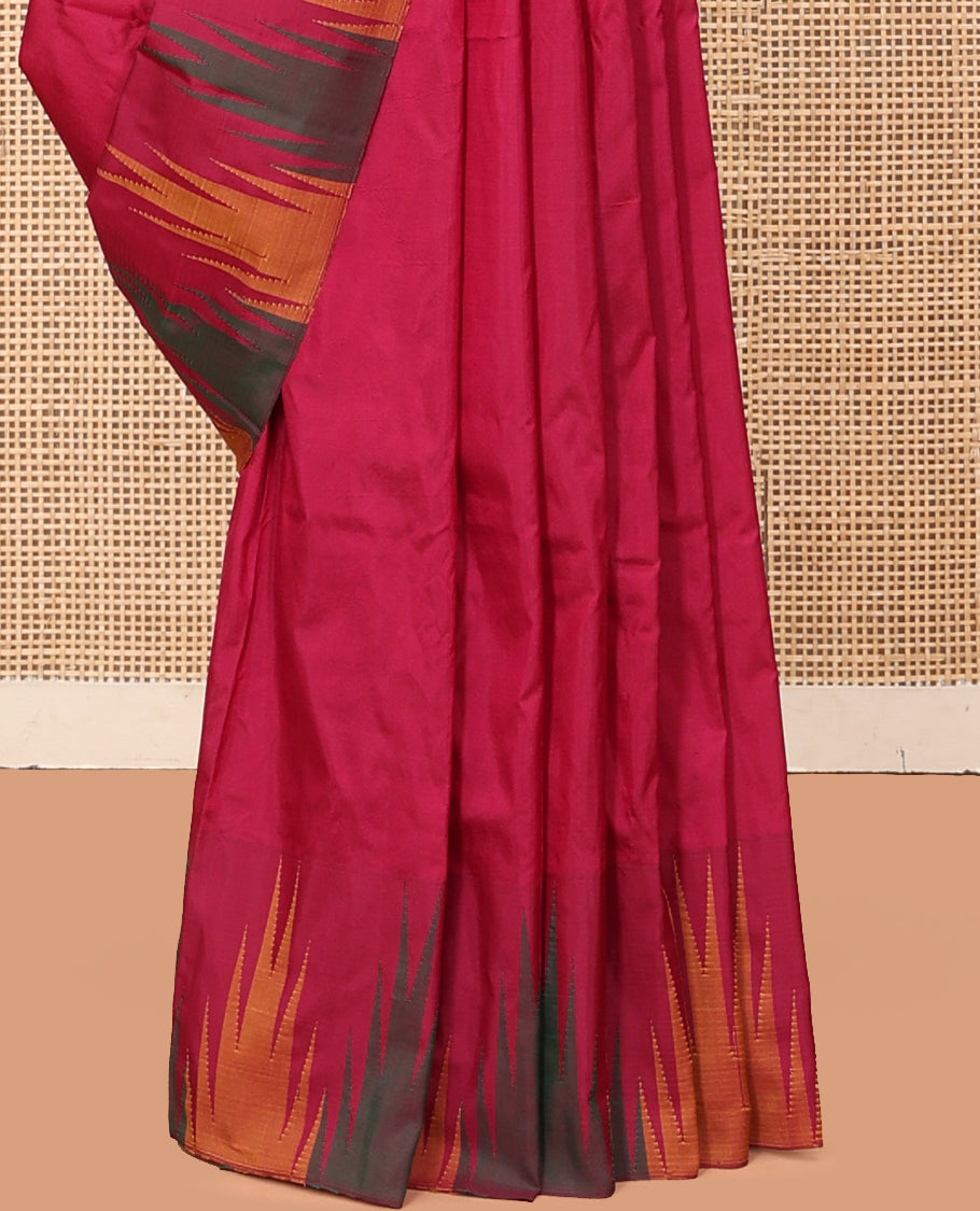 Pink Plain Bangalore Silk Saree, Complemented by a Contrast Temple Border, Striped Pallu, and a Contrast Blouse