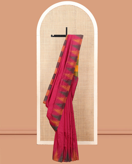 Pink Plain Bangalore Silk Saree, Complemented by a Contrast Temple Border, Striped Pallu, and a Contrast Blouse