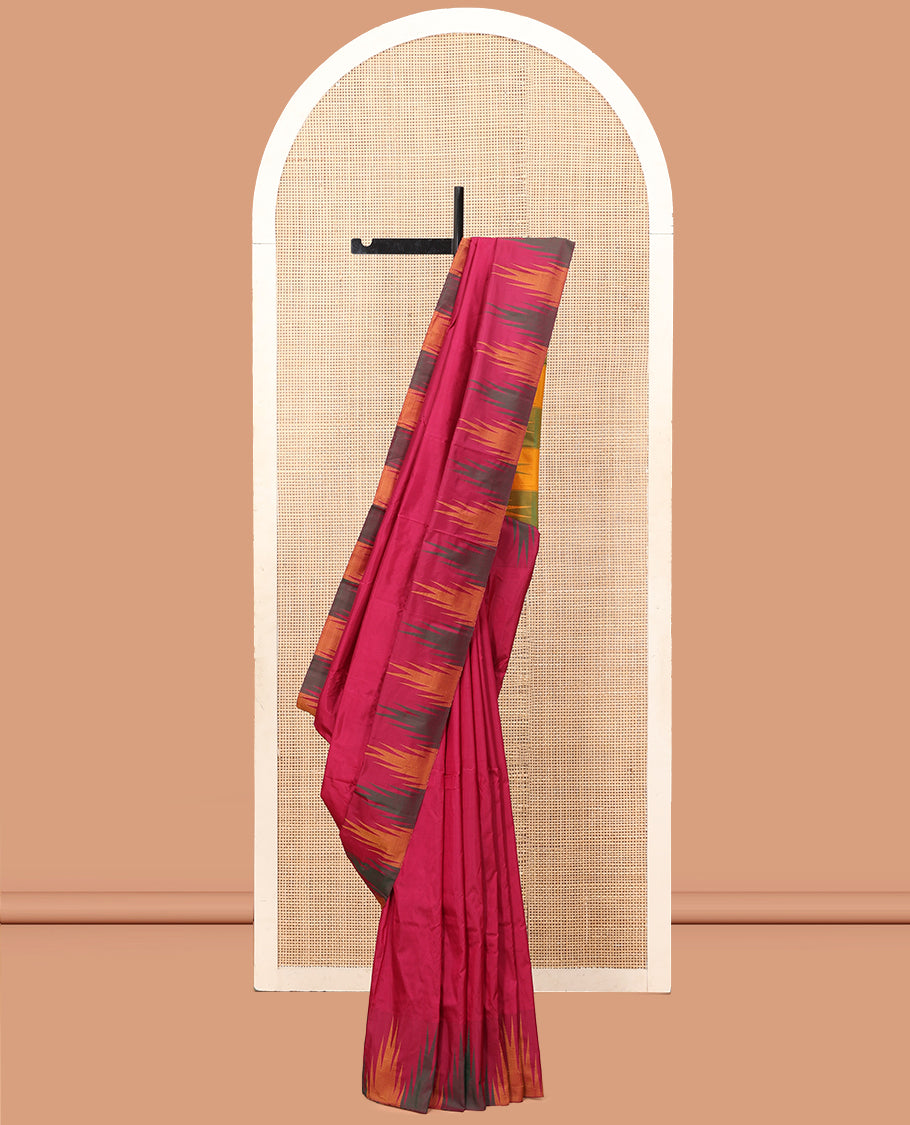 Pink Plain Bangalore Silk Saree, Complemented by a Contrast Temple Border, Striped Pallu, and a Contrast Blouse