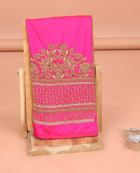 Pink Aari Material Blouse Decked Up with Floral-Scallop Design in Bead and Zarkan Stone Mixed Embroidery