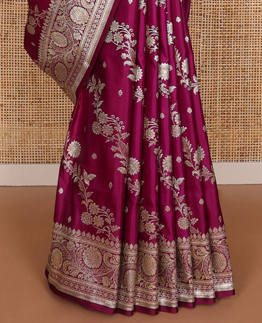 Purple striped floral design semi banaras nylon saree with self intricate zari design border & floral design pallu