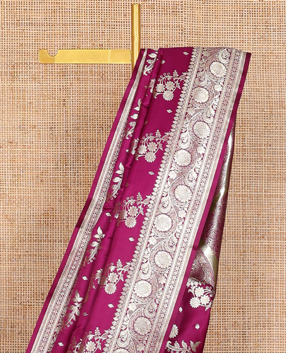Purple striped floral design semi banaras nylon saree with self intricate zari design border & floral design pallu