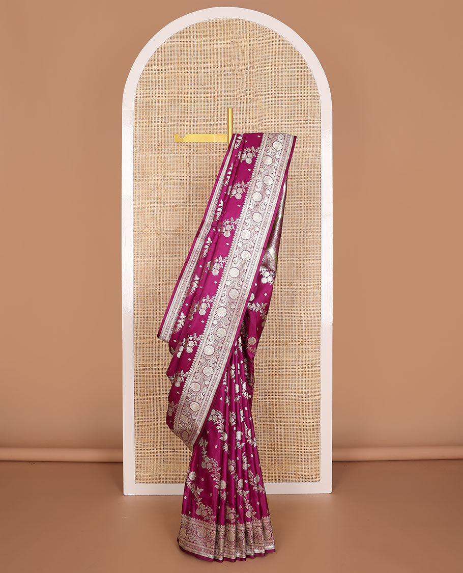 Purple striped floral design semi banaras nylon saree with self intricate zari design border & floral design pallu