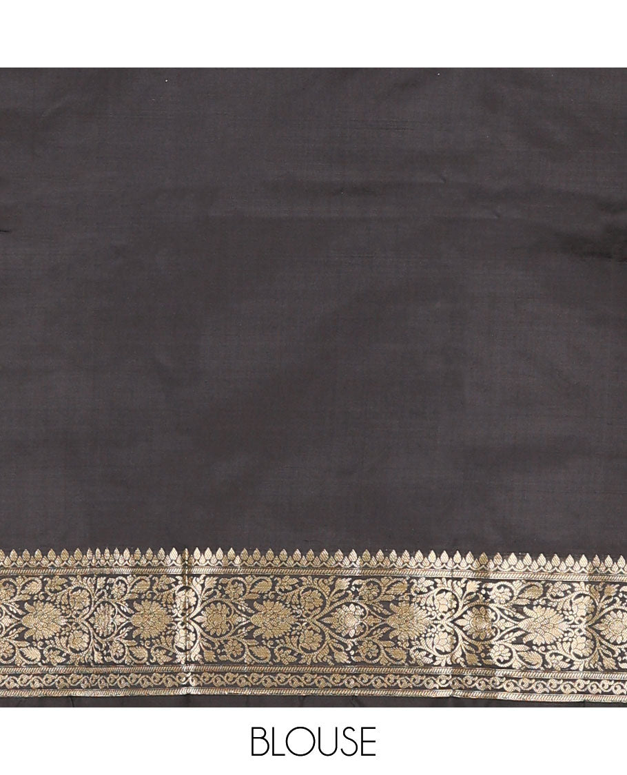 Black buttas kathan silk saree, traditional zari design border, and floral jaal pallu