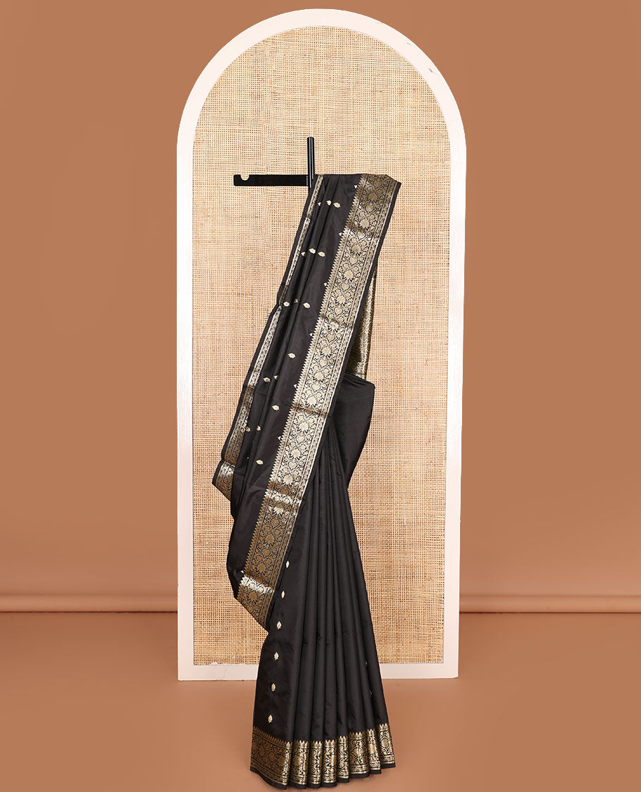 Black buttas kathan silk saree, traditional zari design border, and floral jaal pallu