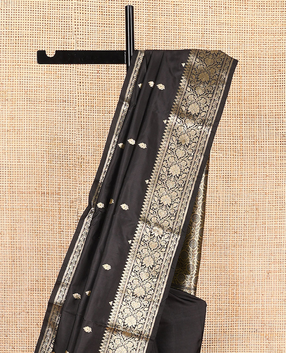 Black buttas kathan silk saree, traditional zari design border, and floral jaal pallu