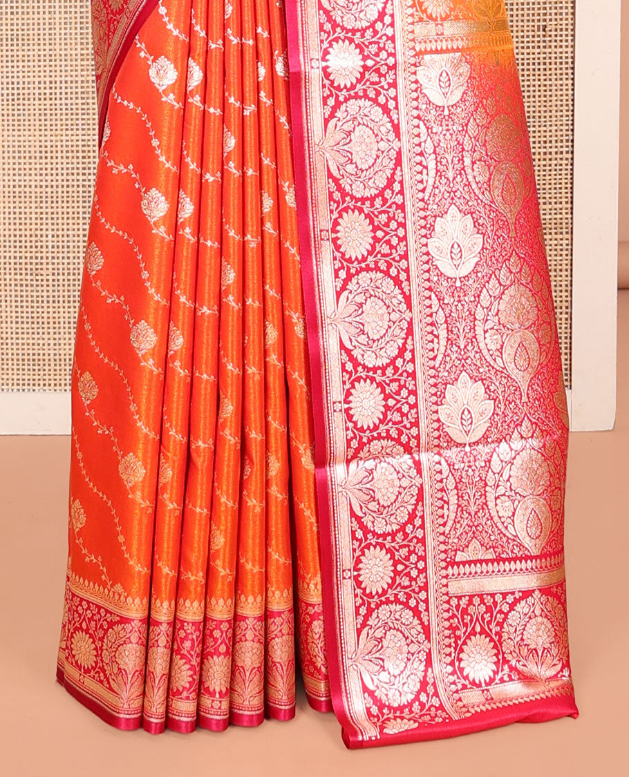 Orange Banarasi Nylon Saree, Embellished with Diagonal Stripes, Contrast Intricate Zari Border, Intricate Pallu, and a Contrast Blouse
