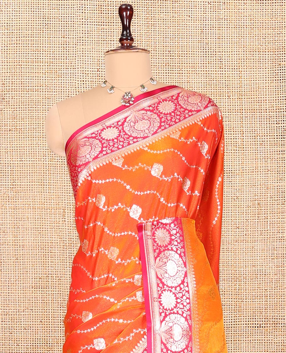 Orange Banarasi Nylon Saree, Embellished with Diagonal Stripes, Contrast Intricate Zari Border, Intricate Pallu, and a Contrast Blouse