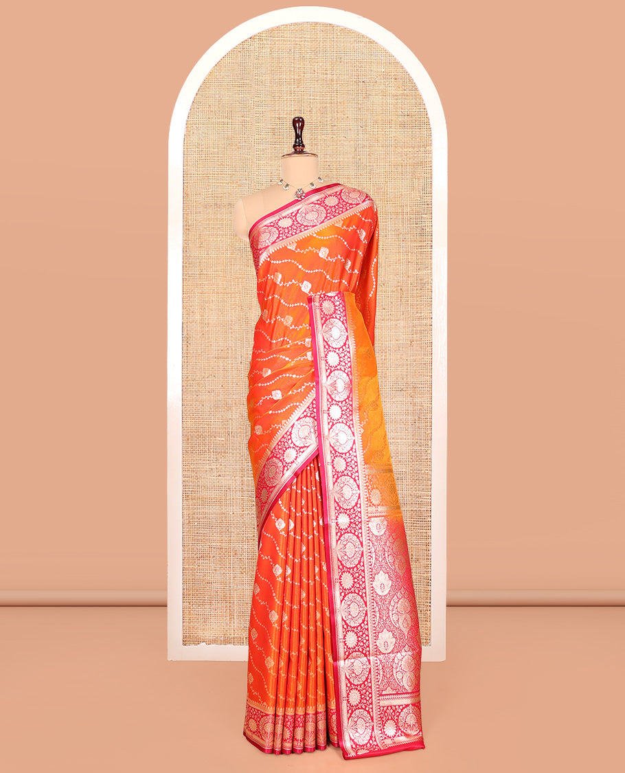 Orange Banarasi Nylon Saree, Embellished with Diagonal Stripes, Contrast Intricate Zari Border, Intricate Pallu, and a Contrast Blouse