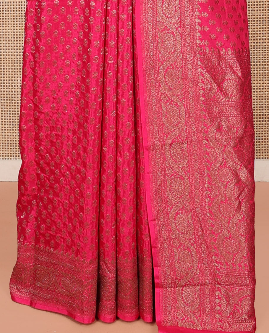 Pink Fancy Crepe Saree, Detailed with Buttas, Highlighted by a Floral Creeper Border, Intricately Designed Pallu, and a Matching Blouse