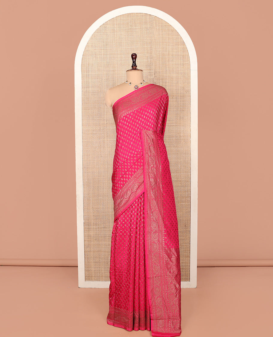 Pink Fancy Crepe Saree, Detailed with Buttas, Highlighted by a Floral Creeper Border, Intricately Designed Pallu, and a Matching Blouse