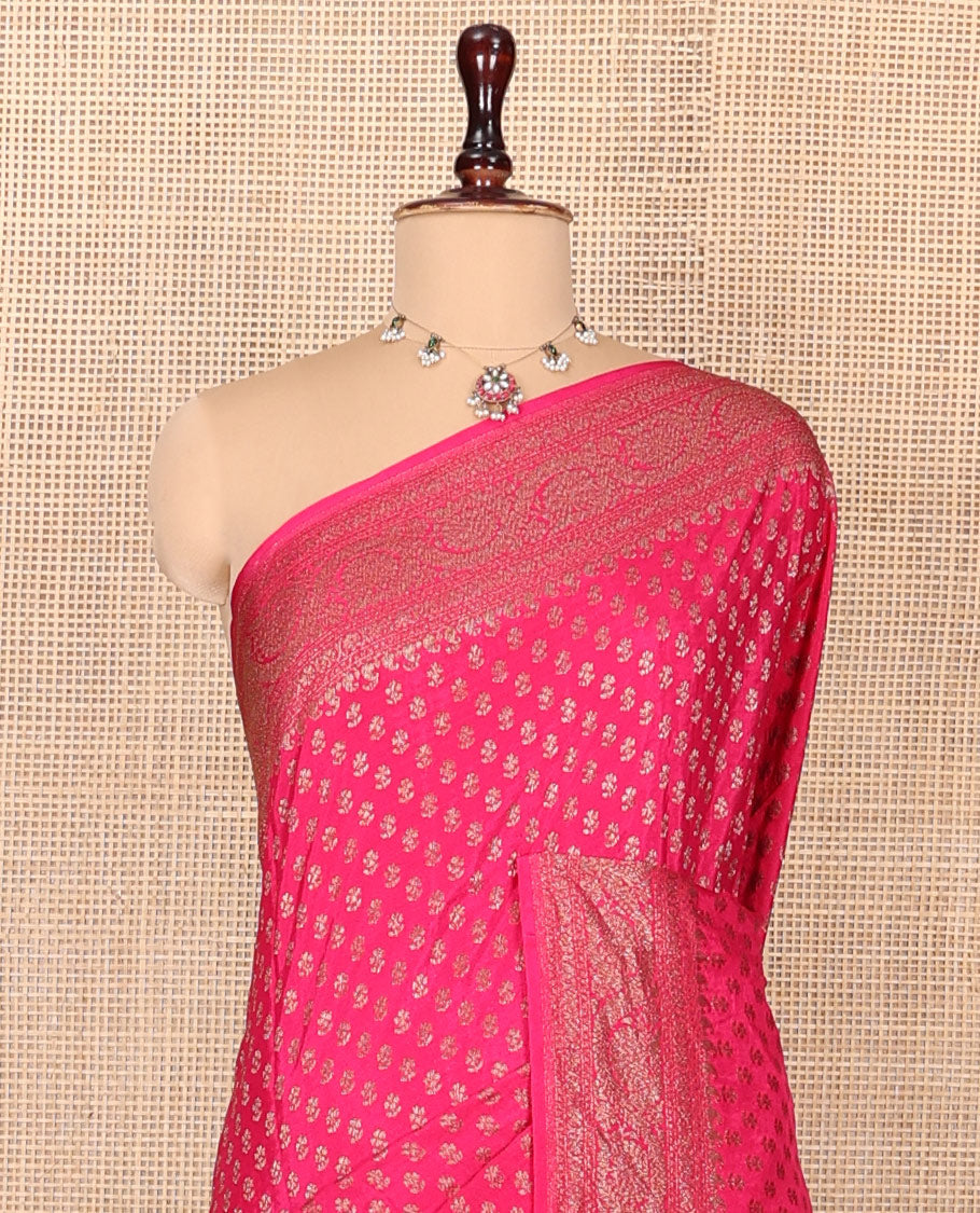 Pink Fancy Crepe Saree, Detailed with Buttas, Highlighted by a Floral Creeper Border, Intricately Designed Pallu, and a Matching Blouse