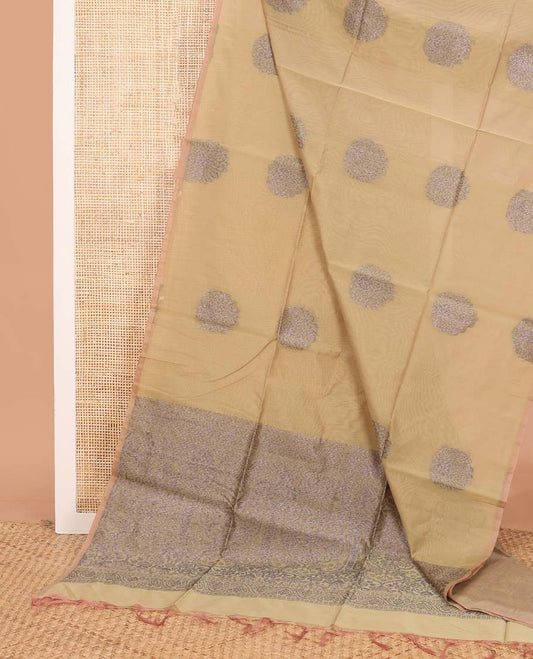 Borderless sandal flower zari buttas semi silk cotton saree, intricately designed pallu