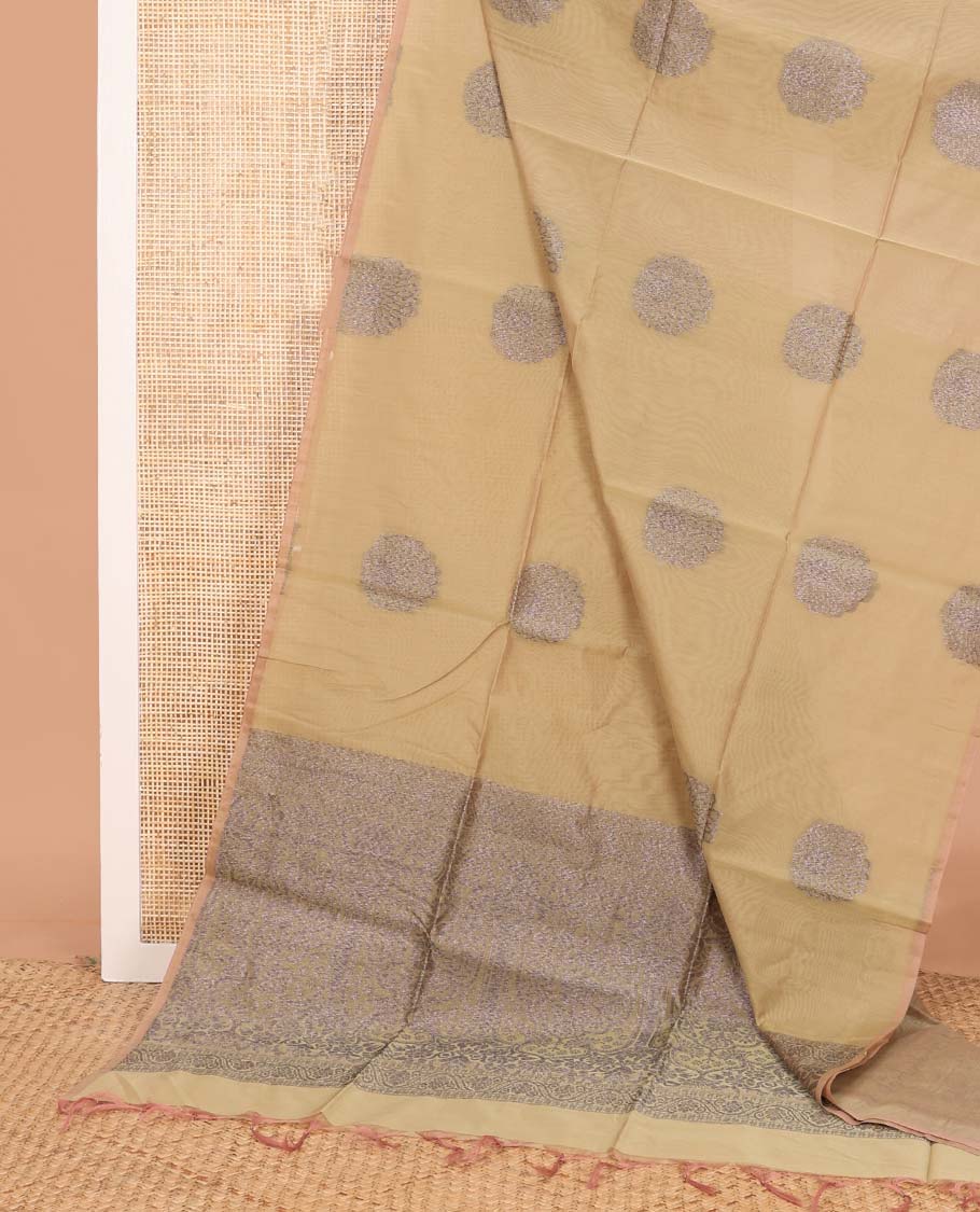 Borderless sandal flower zari buttas semi silk cotton saree, intricately designed pallu