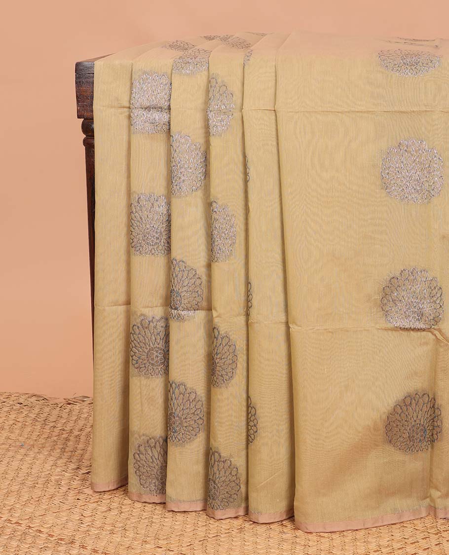 Borderless sandal flower zari buttas semi silk cotton saree, intricately designed pallu